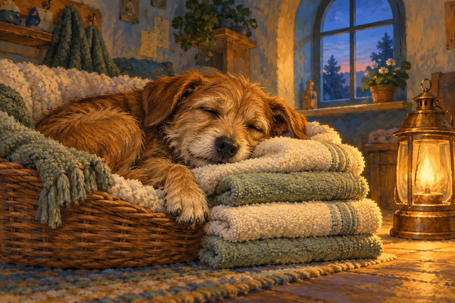 Storybook illustration of a shelter dog asleep on soft donated towels beside a warm lantern